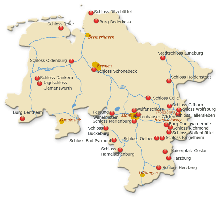 Uebersicht Burgen Schlösser Niedersachsenn